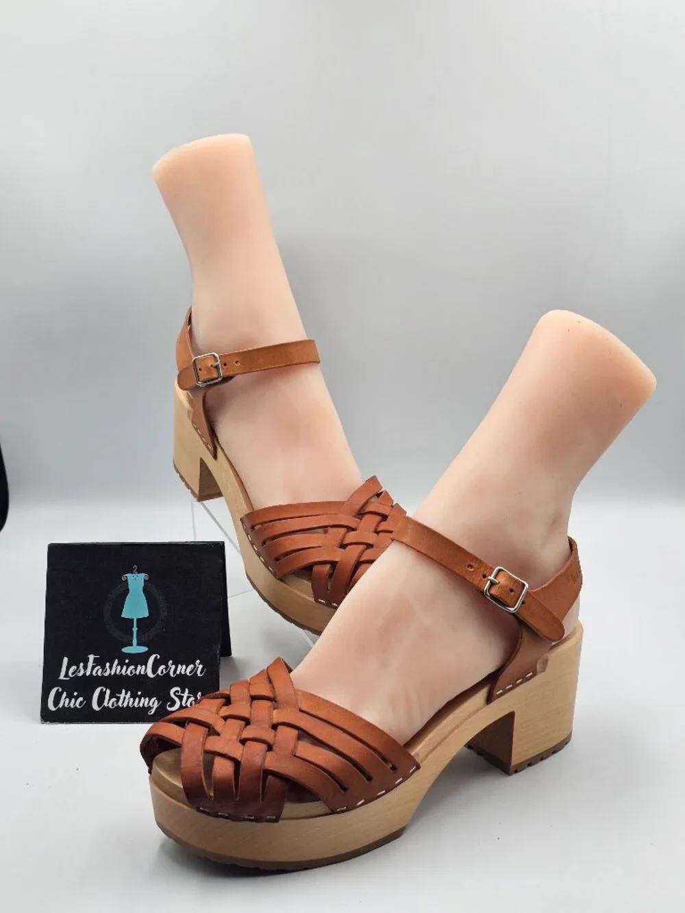 Swedish Hasbeens Womens Braided Tan Leather Sky High Wooden Clogs Sz 9.5 3719 - Picture 14 of 16